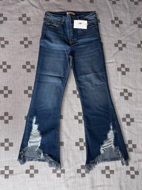 Cello Dark Blue Distressed Flare Jeans with Frayed Hem 7